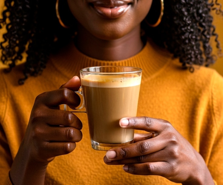 bebida mochaccino canela en taza de vidrio sostenida en manos nescáfe dolce gusto